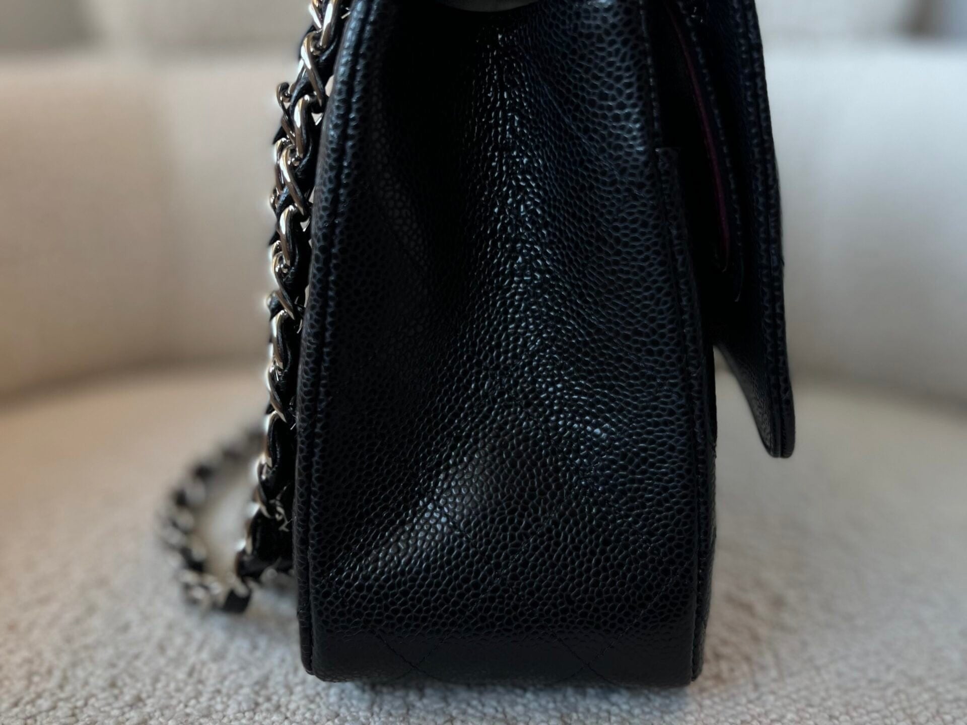 CHANEL Handbag Black Caviar Quilted Jumbo Classic Flap Silver Hardware - Redeluxe