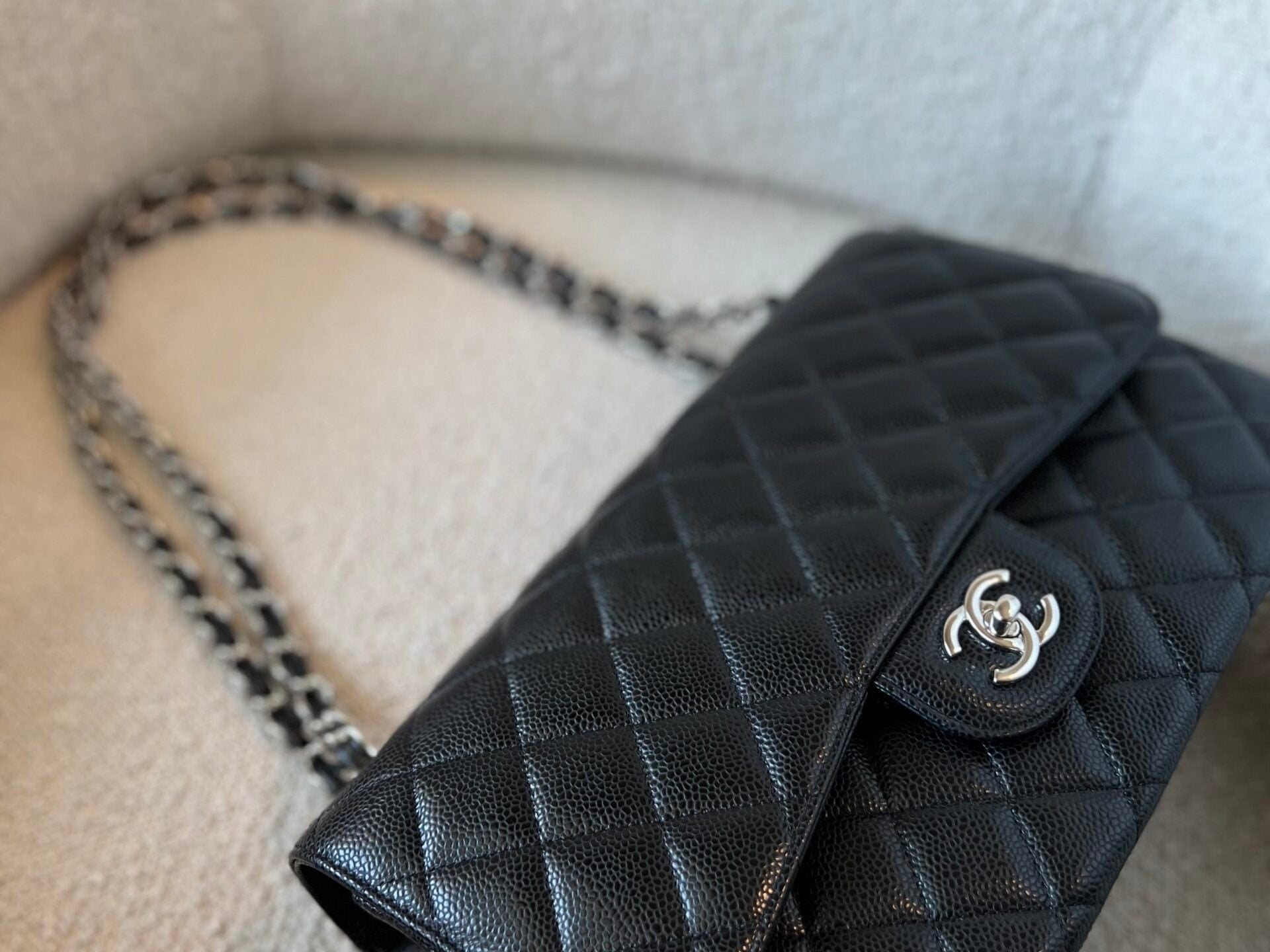CHANEL Handbag Black Caviar Quilted Jumbo Classic Flap Silver Hardware - Redeluxe