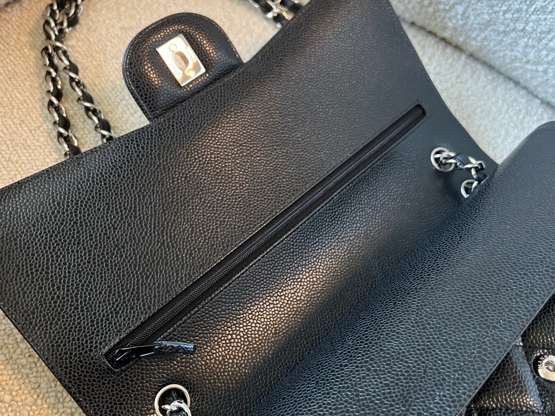 CHANEL Handbag Black Caviar Quilted Jumbo Classic Flap Silver Hardware - Redeluxe