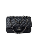 CHANEL Handbag Black Caviar Quilted Jumbo Single Flap Silver Hardware - Redeluxe