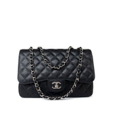 CHANEL Handbag Black Caviar Quilted Jumbo Single Flap Silver Hardware - Redeluxe