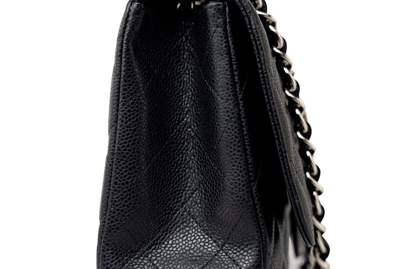 CHANEL Handbag Black Caviar Quilted Jumbo Single Flap Silver Hardware - Redeluxe