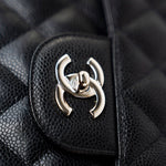 CHANEL Handbag Black Caviar Quilted Jumbo Single Flap Silver Hardware - Redeluxe