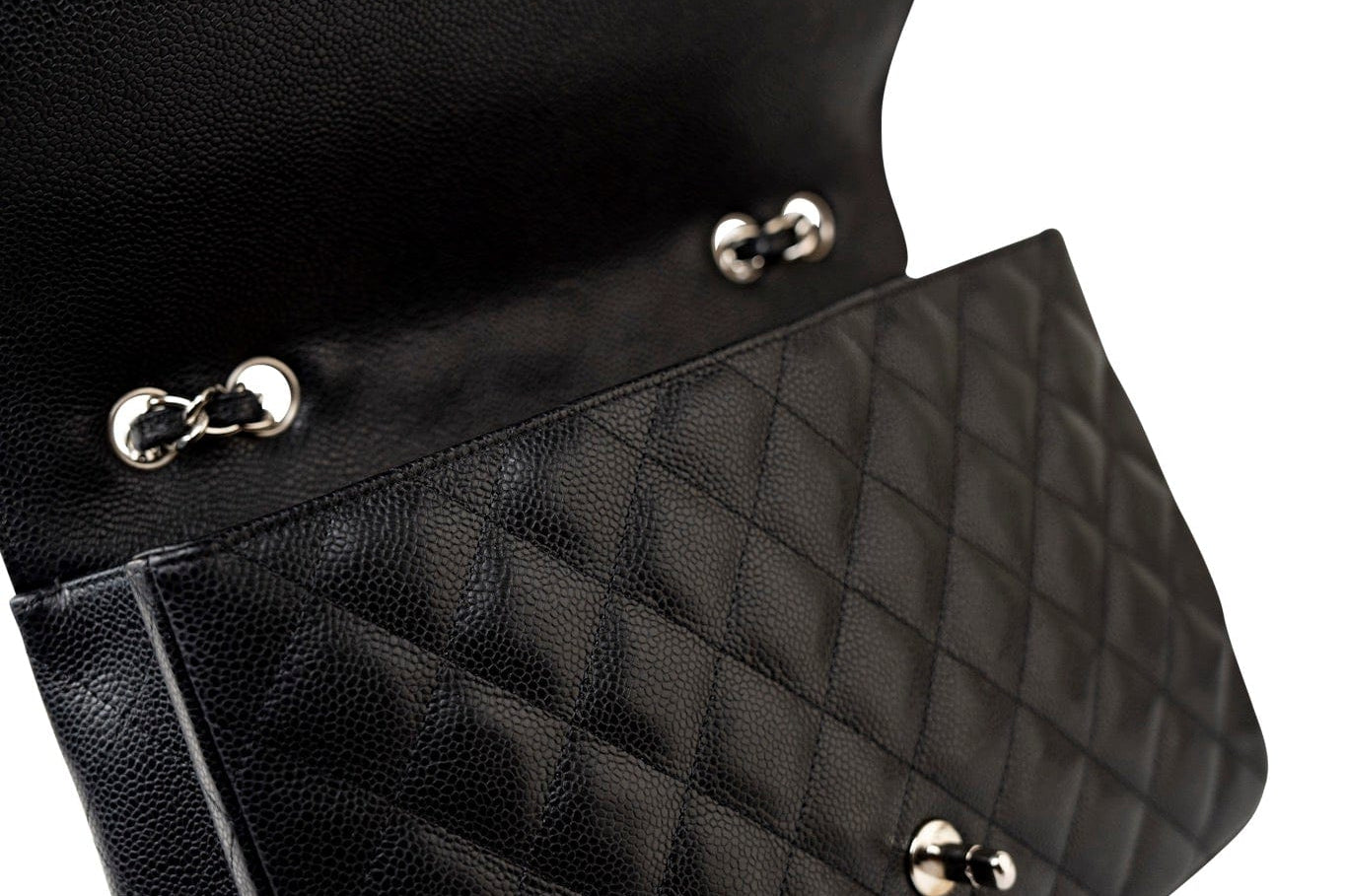CHANEL Handbag Black Caviar Quilted Jumbo Single Flap Silver Hardware - Redeluxe