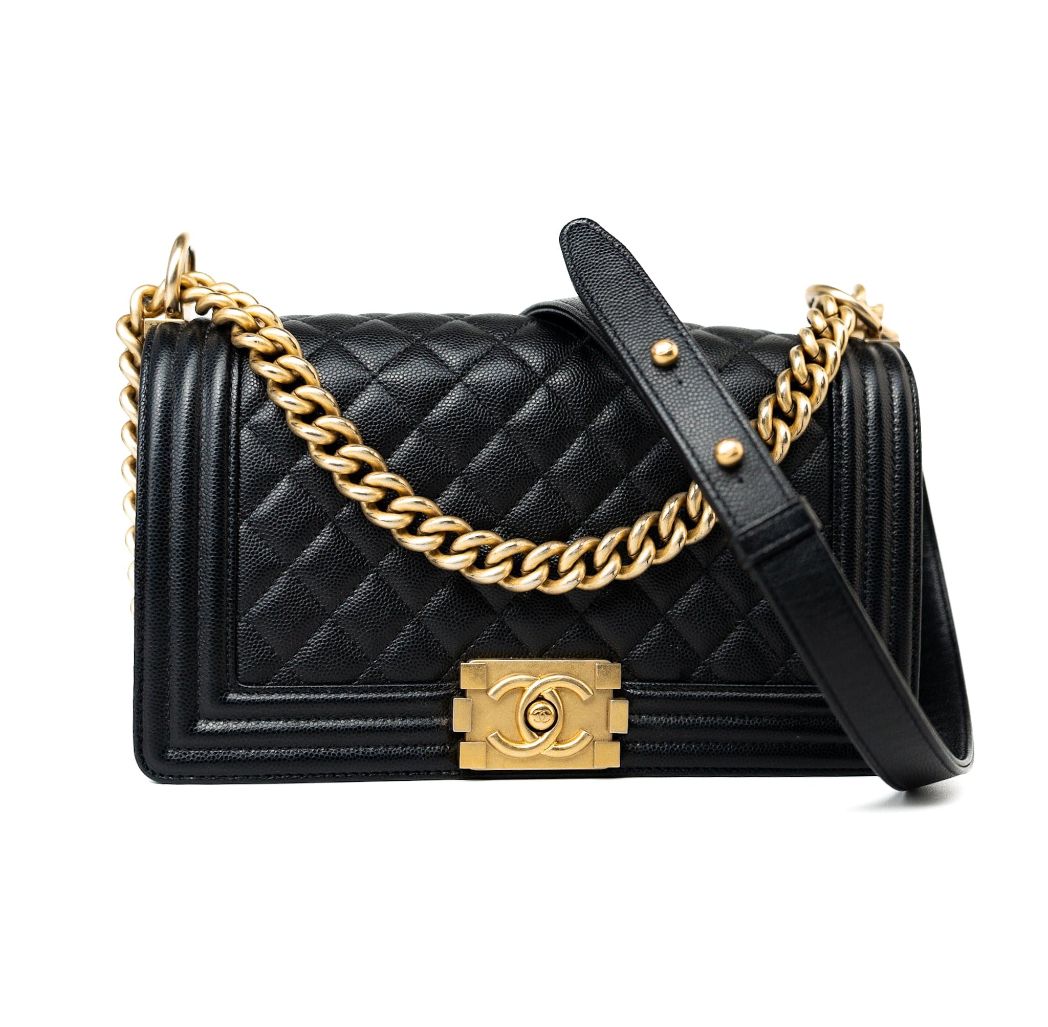 CHANEL Handbag Black Caviar Quilted Old Medium Boy Bag Aged Gold Hardware - Redeluxe