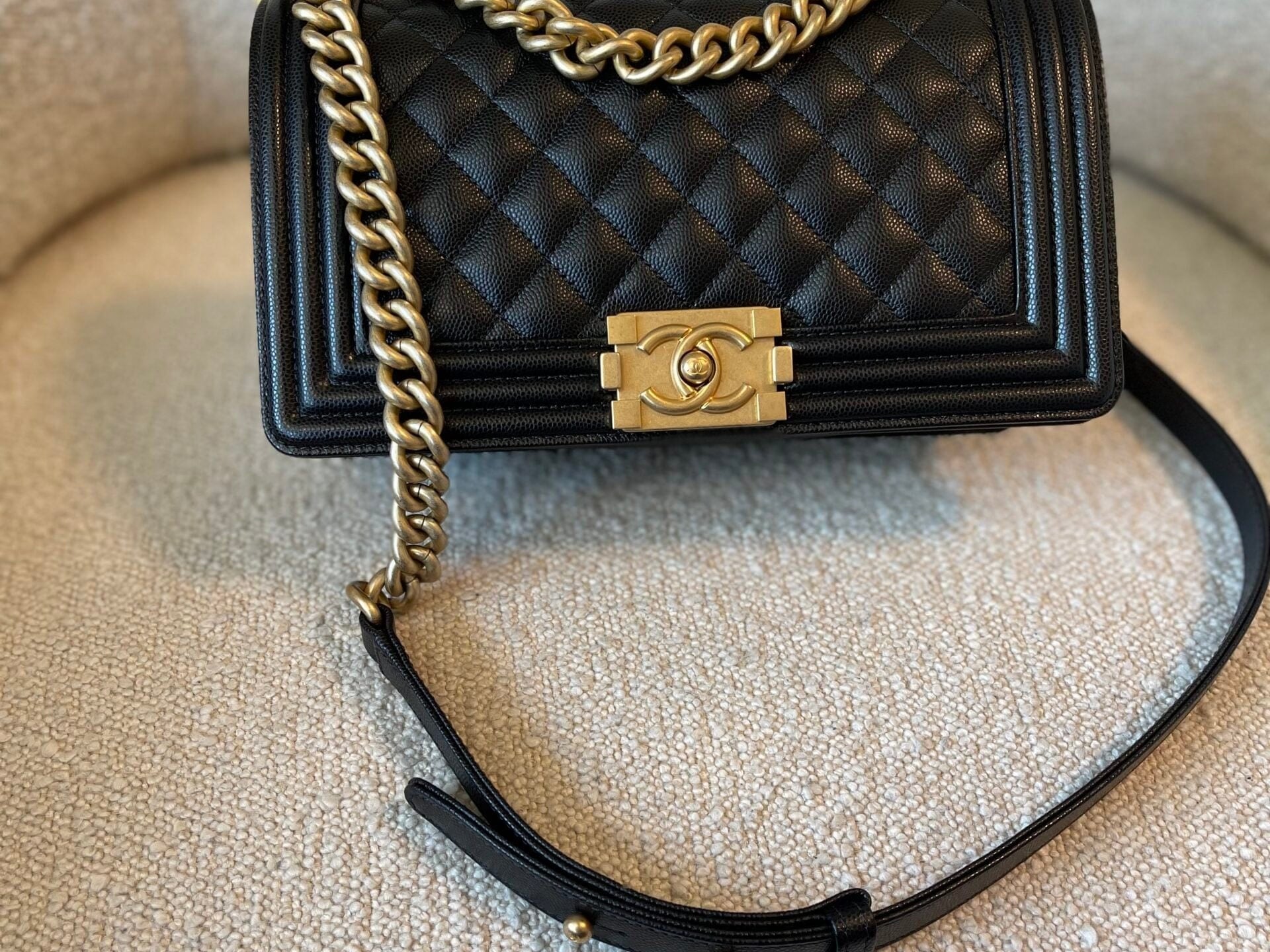 CHANEL Handbag Black Caviar Quilted Old Medium Boy Bag AGHW - Redeluxe
