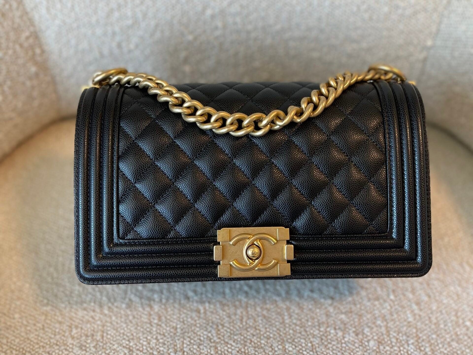 CHANEL Handbag Black Caviar Quilted Old Medium Boy Bag AGHW - Redeluxe