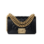 CHANEL Handbag Black Caviar Quilted Small Boy Bag Antique Gold Hardware - Redeluxe