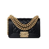 CHANEL Handbag Black Caviar Quilted Small Boy Bag Antique Gold Hardware - Redeluxe