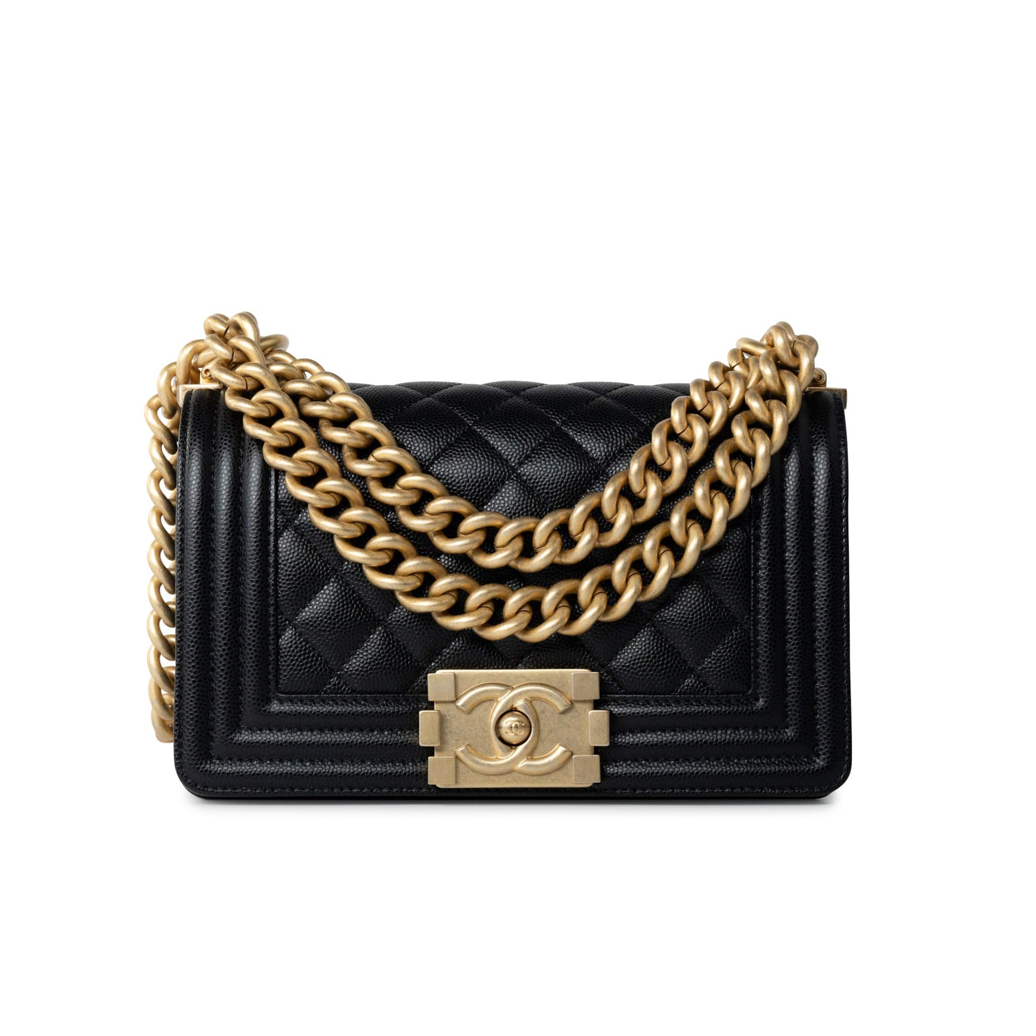 CHANEL Handbag Black Caviar Quilted Small Boy Bag Antique Gold Hardware - Redeluxe
