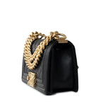 CHANEL Handbag Black Caviar Quilted Small Boy Bag Antique Gold Hardware - Redeluxe