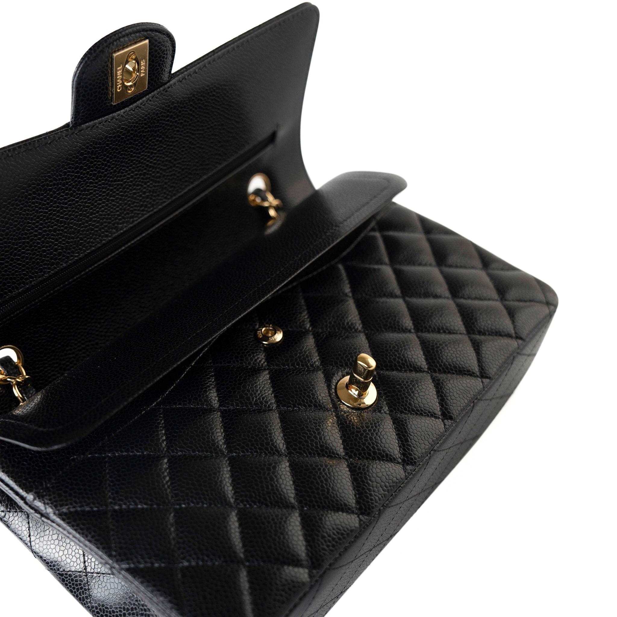 CHANEL Handbag Black Classic Flap Medium Caviar Quilted Gold Hardware - Redeluxe