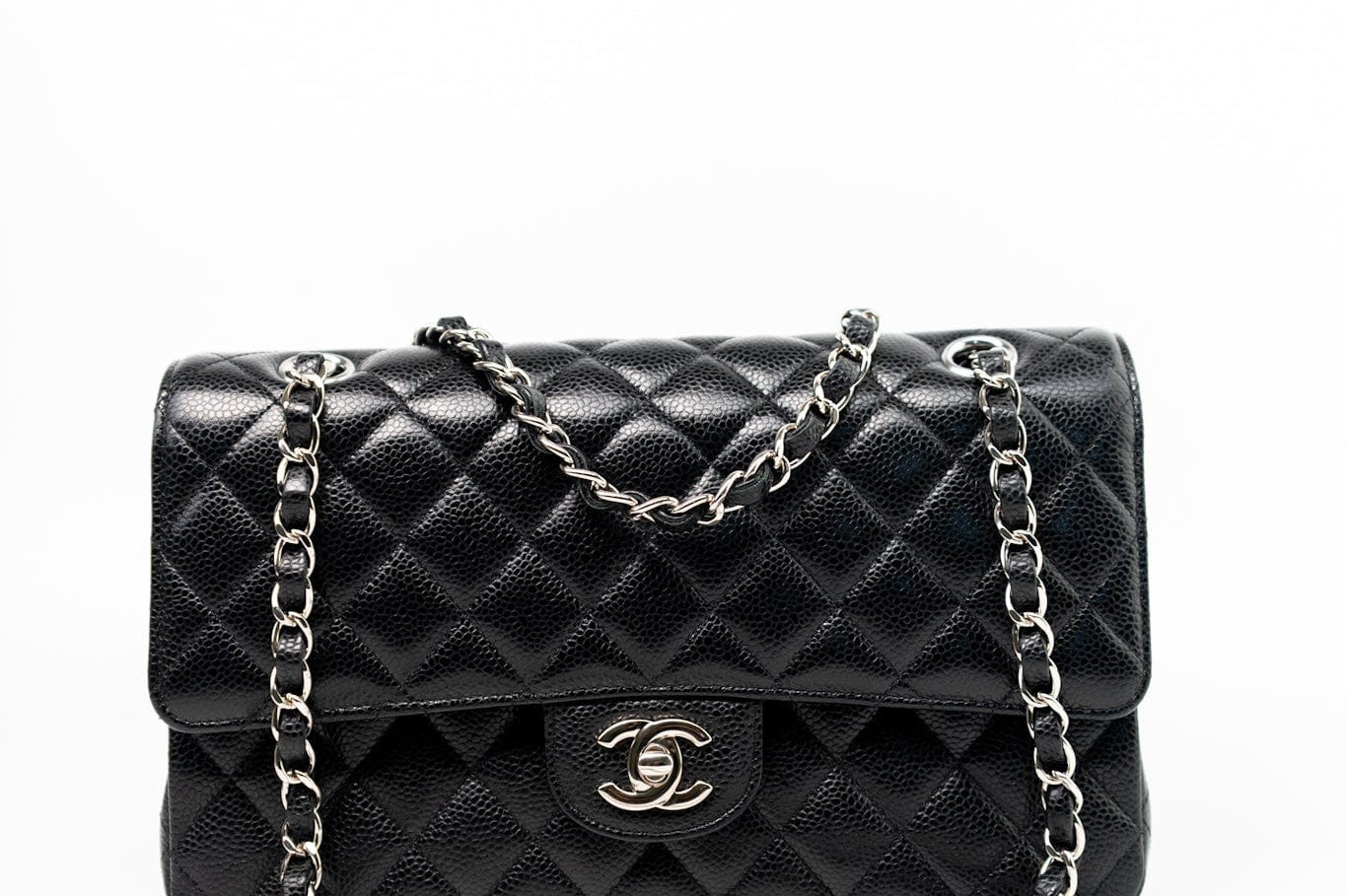 CHANEL Handbag Black Classic Flap Medium Caviar Quilted Silver Hardware - Redeluxe
