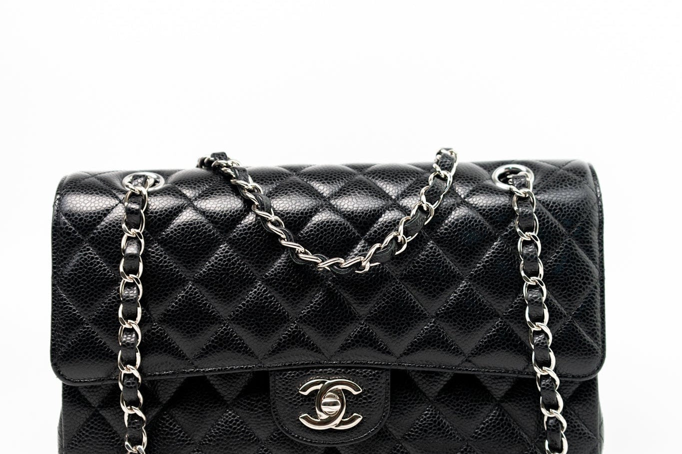 CHANEL Handbag Black Classic Flap Medium Caviar Quilted Silver Hardware - Redeluxe