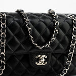 CHANEL Handbag Black Classic Flap Medium Caviar Quilted Silver Hardware - Redeluxe