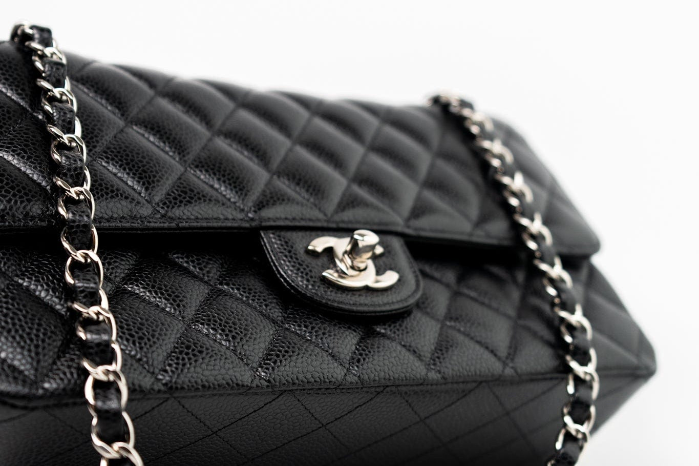 CHANEL Handbag Black Classic Flap Medium Caviar Quilted Silver Hardware - Redeluxe