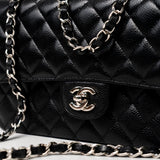 CHANEL Handbag Black Classic Flap Medium Caviar Quilted Silver Hardware - Redeluxe