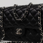 CHANEL Handbag Black Classic Flap Medium Caviar Quilted Silver Hardware - Redeluxe