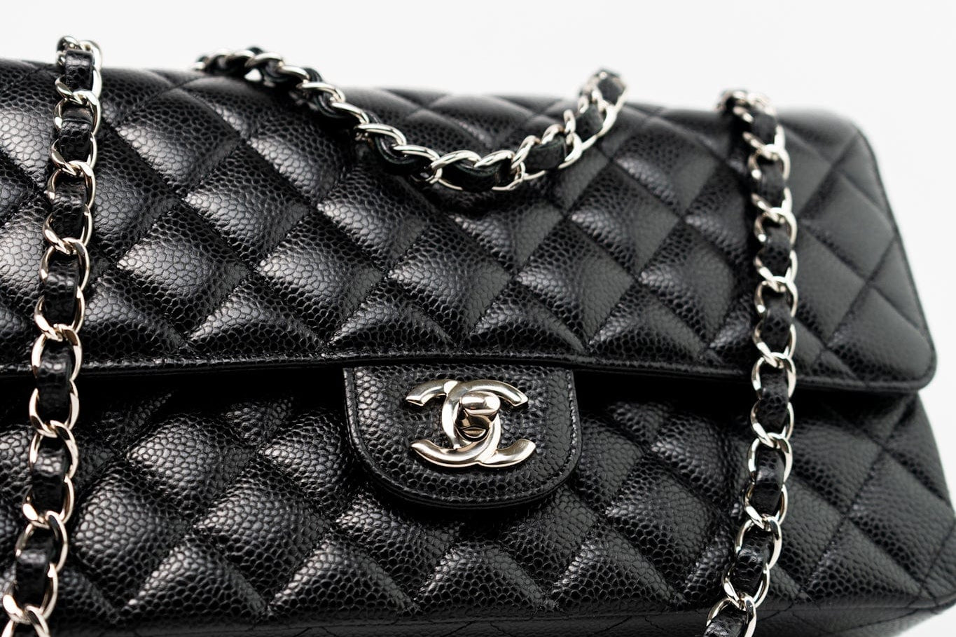 CHANEL Handbag Black Classic Flap Medium Caviar Quilted Silver Hardware - Redeluxe