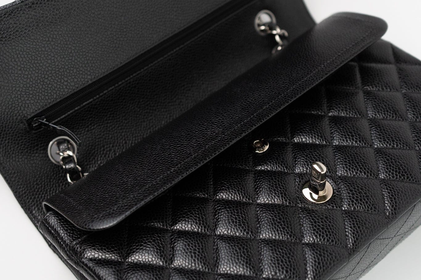 CHANEL Handbag Black Classic Flap Medium Caviar Quilted Silver Hardware - Redeluxe