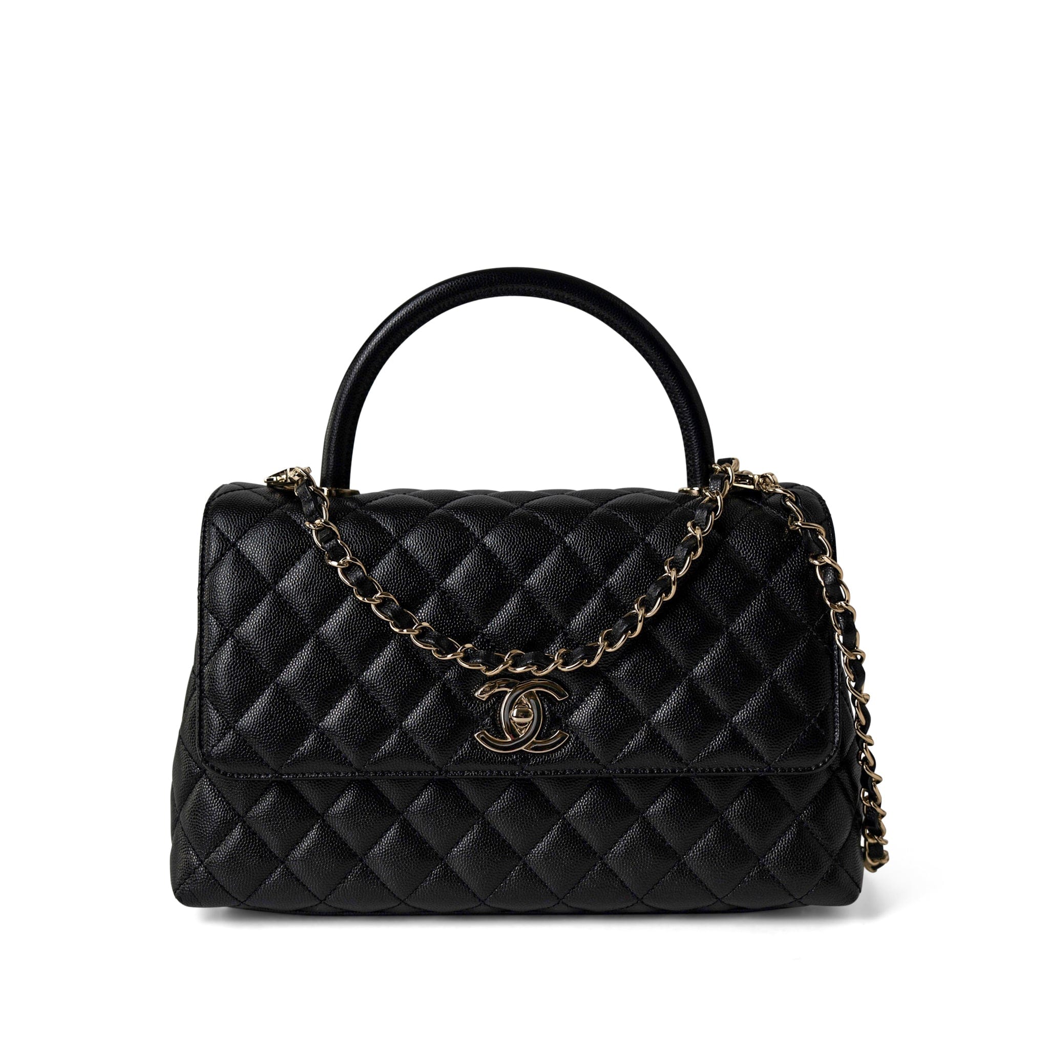 CHANEL Handbag Black / Coco Handle Black Caviar Quilted Coco Handle Medium Light Gold Hardware - Redeluxe