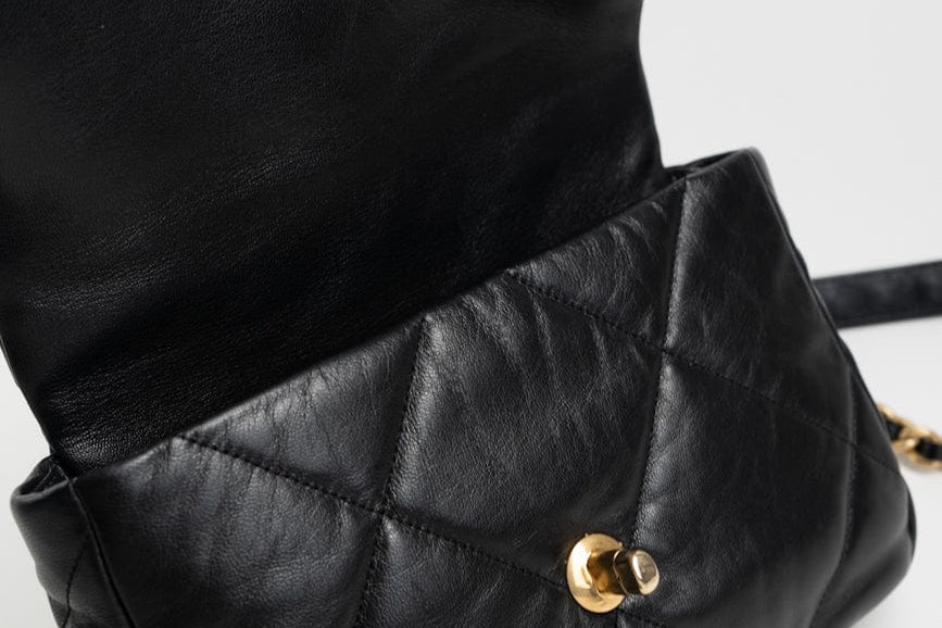 CHANEL Handbag Black Goatskin Quilted 19 Flap Small AGHW - Redeluxe