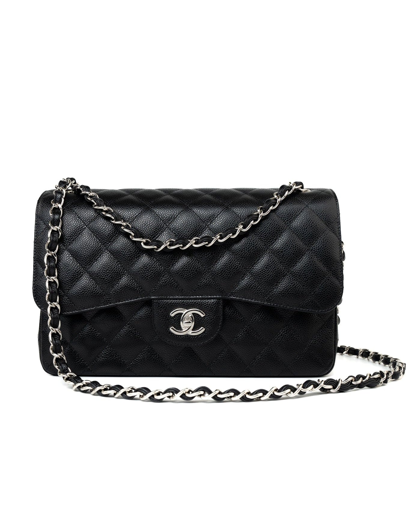 CHANEL Handbag Black Jumbo Caviar Quilted Classic Flap Silver Hardware - Redeluxe