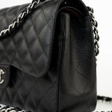 CHANEL Handbag Black Jumbo Caviar Quilted Classic Flap Silver Hardware - Redeluxe