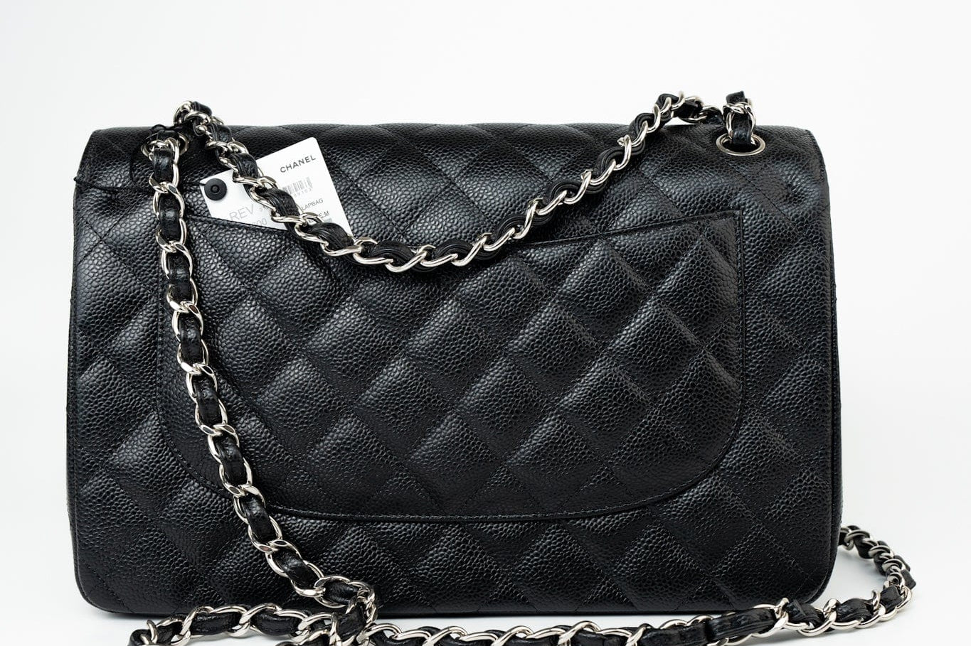 CHANEL Handbag Black Jumbo Caviar Quilted Classic Flap Silver Hardware - Redeluxe