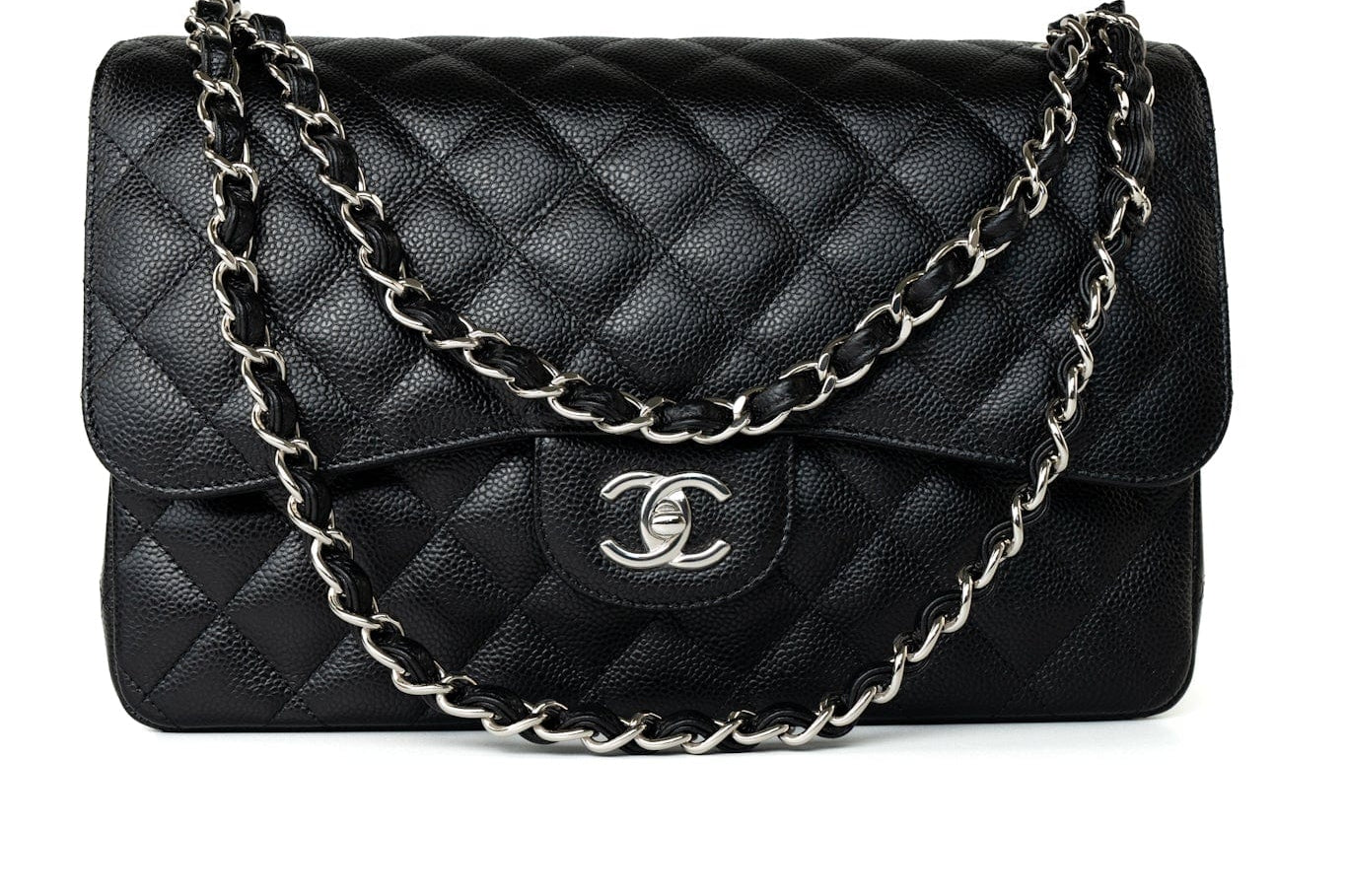 CHANEL Handbag Black Jumbo Caviar Quilted Classic Flap Silver Hardware - Redeluxe