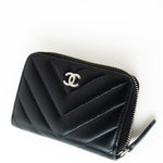 CHANEL Handbag Black Lambskin Chevron Zip Coin Purse Silver Hardware - Redeluxe