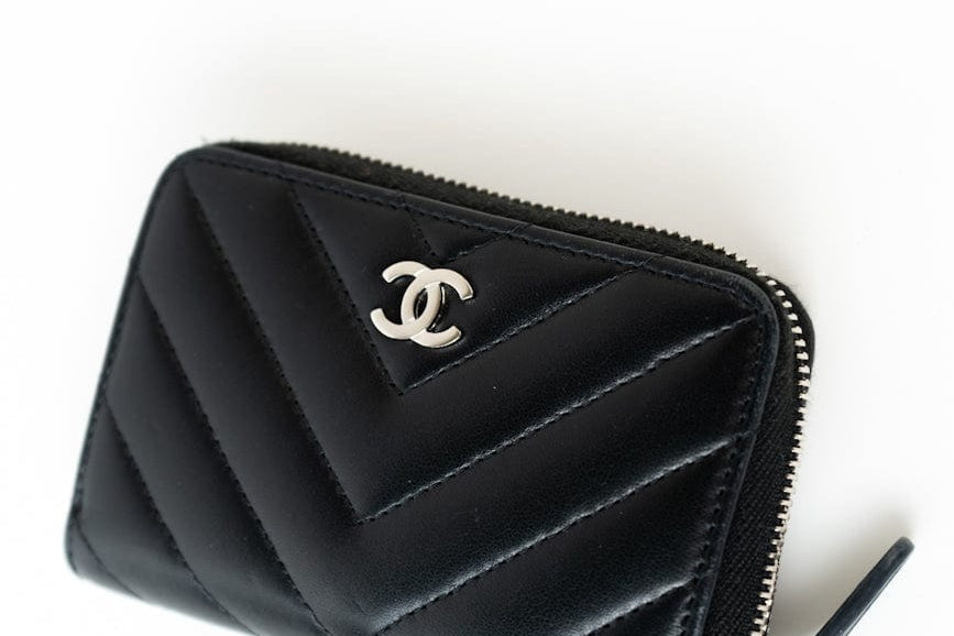 CHANEL Handbag Black Lambskin Chevron Zip Coin Purse Silver Hardware - Redeluxe
