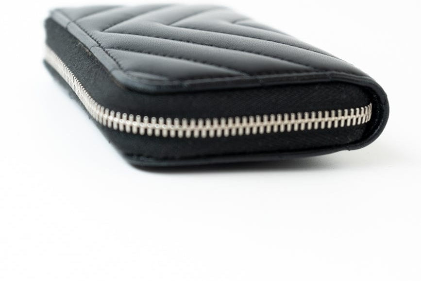 CHANEL Handbag Black Lambskin Chevron Zip Coin Purse Silver Hardware - Redeluxe