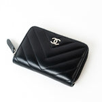 CHANEL Handbag Black Lambskin Chevron Zip Coin Purse Silver Hardware - Redeluxe