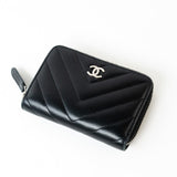 CHANEL Handbag Black Lambskin Chevron Zip Coin Purse Silver Hardware - Redeluxe
