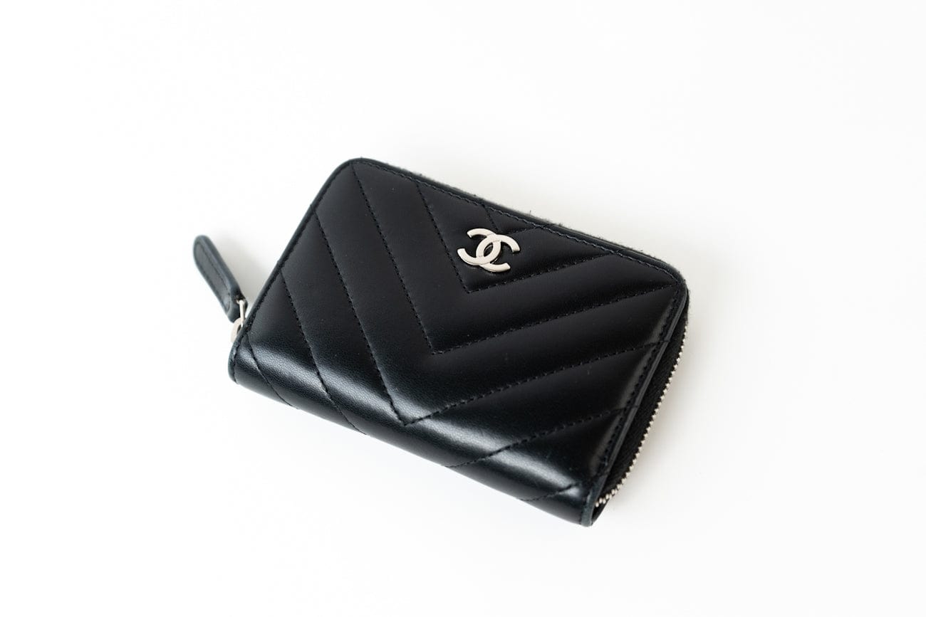 CHANEL Handbag Black Lambskin Chevron Zip Coin Purse Silver Hardware - Redeluxe