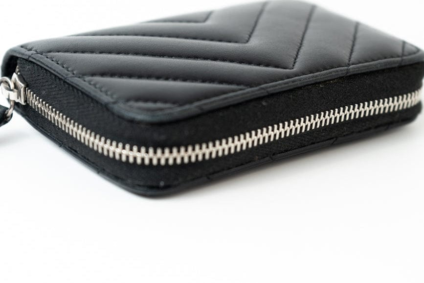 CHANEL Handbag Black Lambskin Chevron Zip Coin Purse Silver Hardware - Redeluxe