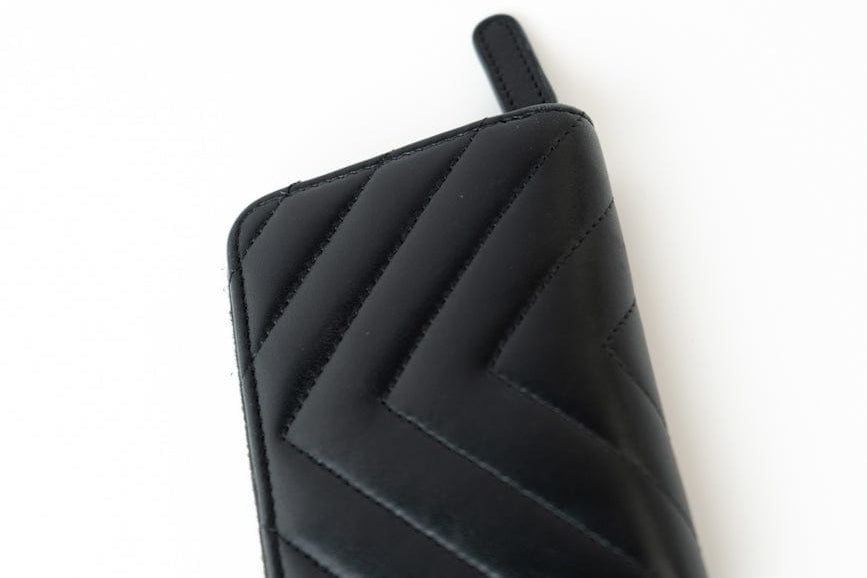 CHANEL Handbag Black Lambskin Chevron Zip Coin Purse Silver Hardware - Redeluxe