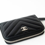 CHANEL Handbag Black Lambskin Chevron Zip Coin Purse Silver Hardware - Redeluxe
