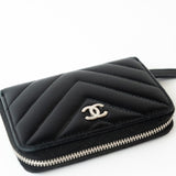 CHANEL Handbag Black Lambskin Chevron Zip Coin Purse Silver Hardware - Redeluxe