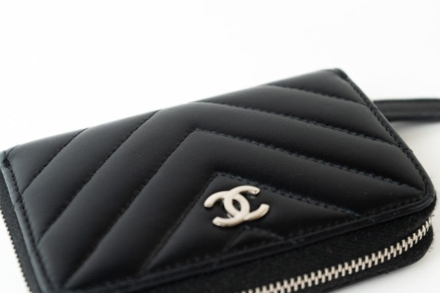 CHANEL Handbag Black Lambskin Chevron Zip Coin Purse Silver Hardware - Redeluxe