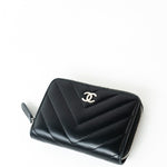 CHANEL Handbag Black Lambskin Chevron Zip Coin Purse Silver Hardware - Redeluxe