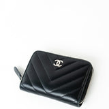 CHANEL Handbag Black Lambskin Chevron Zip Coin Purse Silver Hardware - Redeluxe