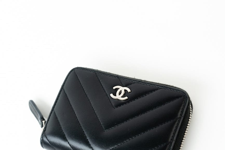 CHANEL Handbag Black Lambskin Chevron Zip Coin Purse Silver Hardware - Redeluxe