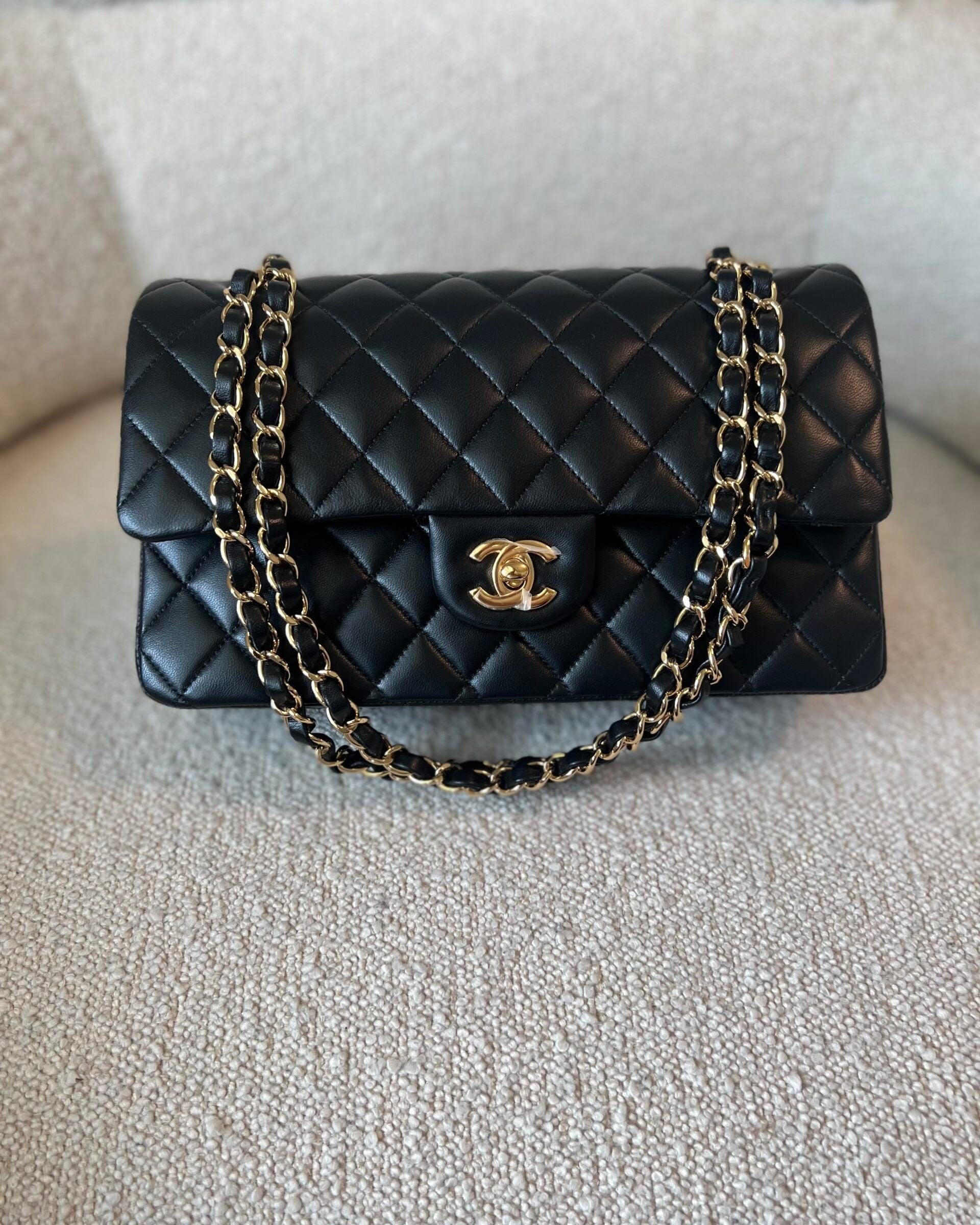 CHANEL Handbag Black Lambskin Quilted Classic Flap Medium GHW - Redeluxe