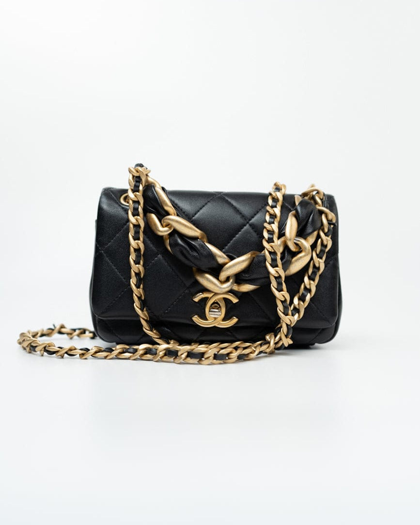 CHANEL Handbag Black Lambskin Quilted Entwined Single Flap Mini Aged Hardware - Redeluxe