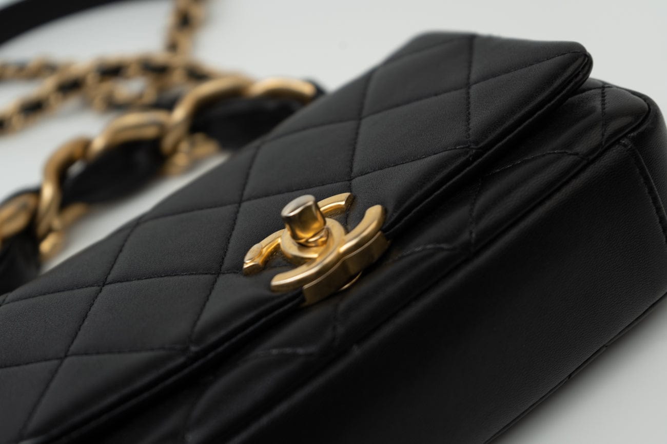 CHANEL Handbag Black Lambskin Quilted Entwined Single Flap Mini Aged Hardware - Redeluxe