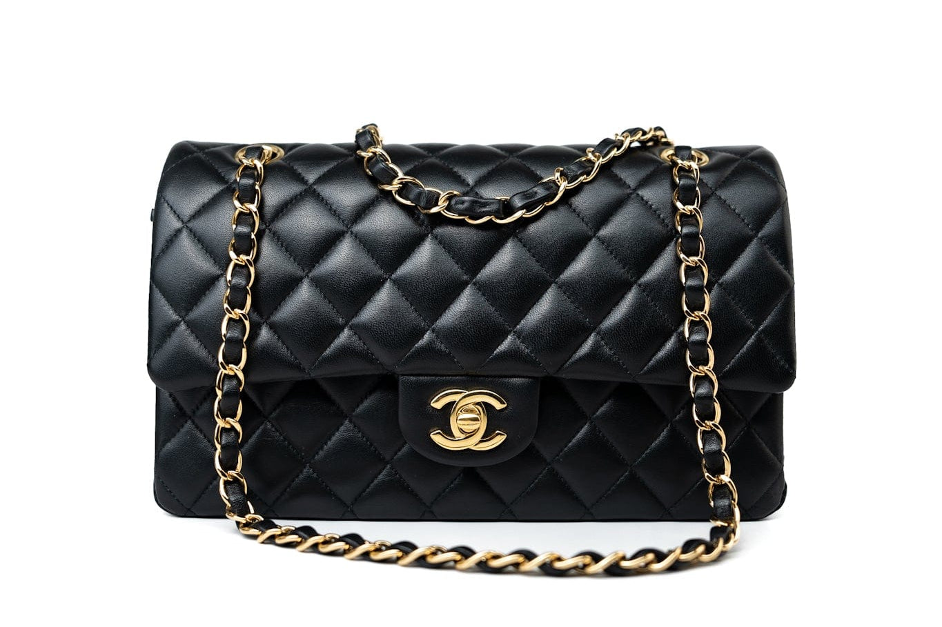 CHANEL Handbag Black Lambskin Quilted Medium Classic Flap Gold Hardware - Redeluxe