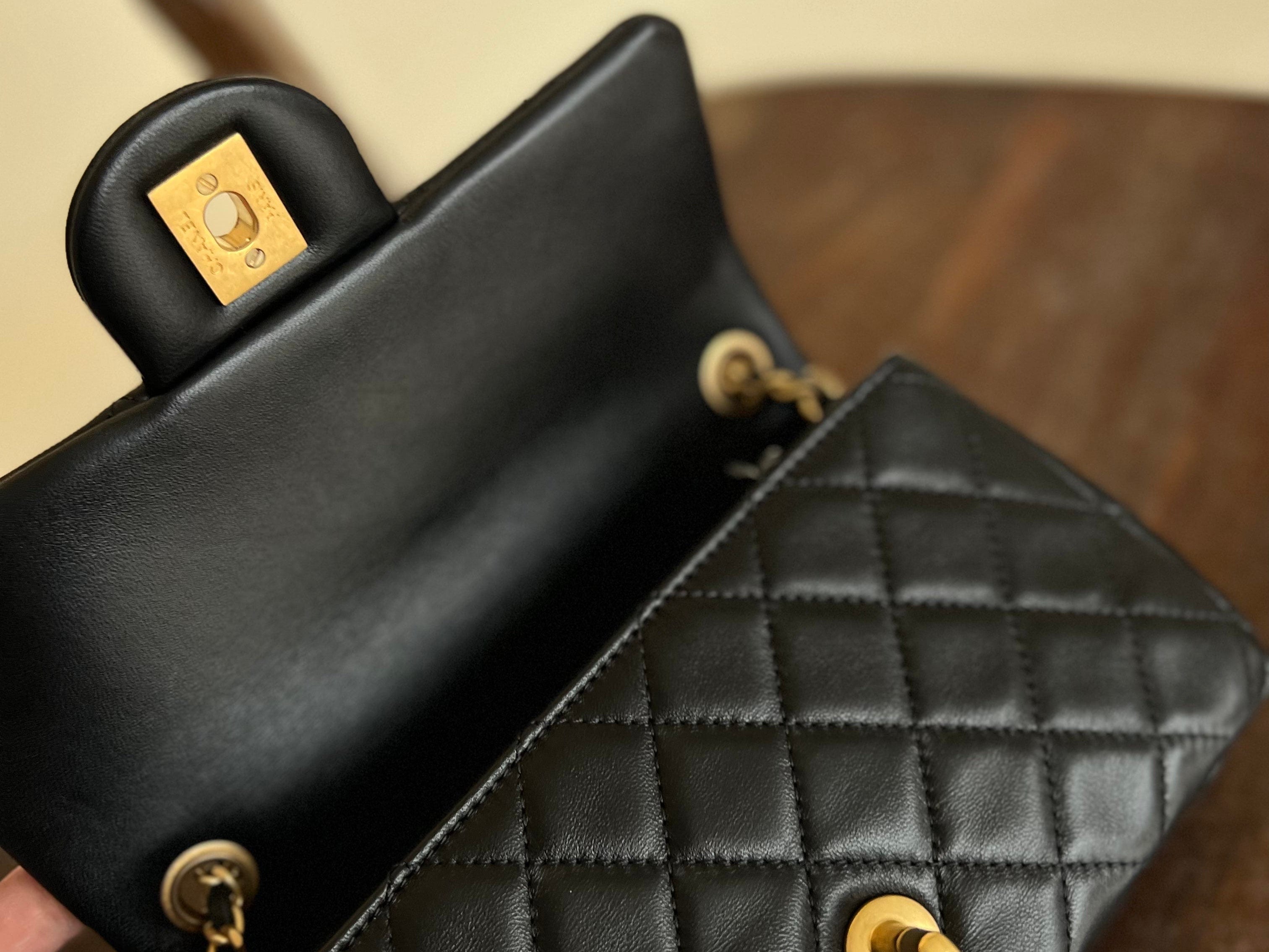 CHANEL Handbag Black Lambskin Quilted Mini Rectangular CC Pearl Crush Single Flap AGHW - Redeluxe