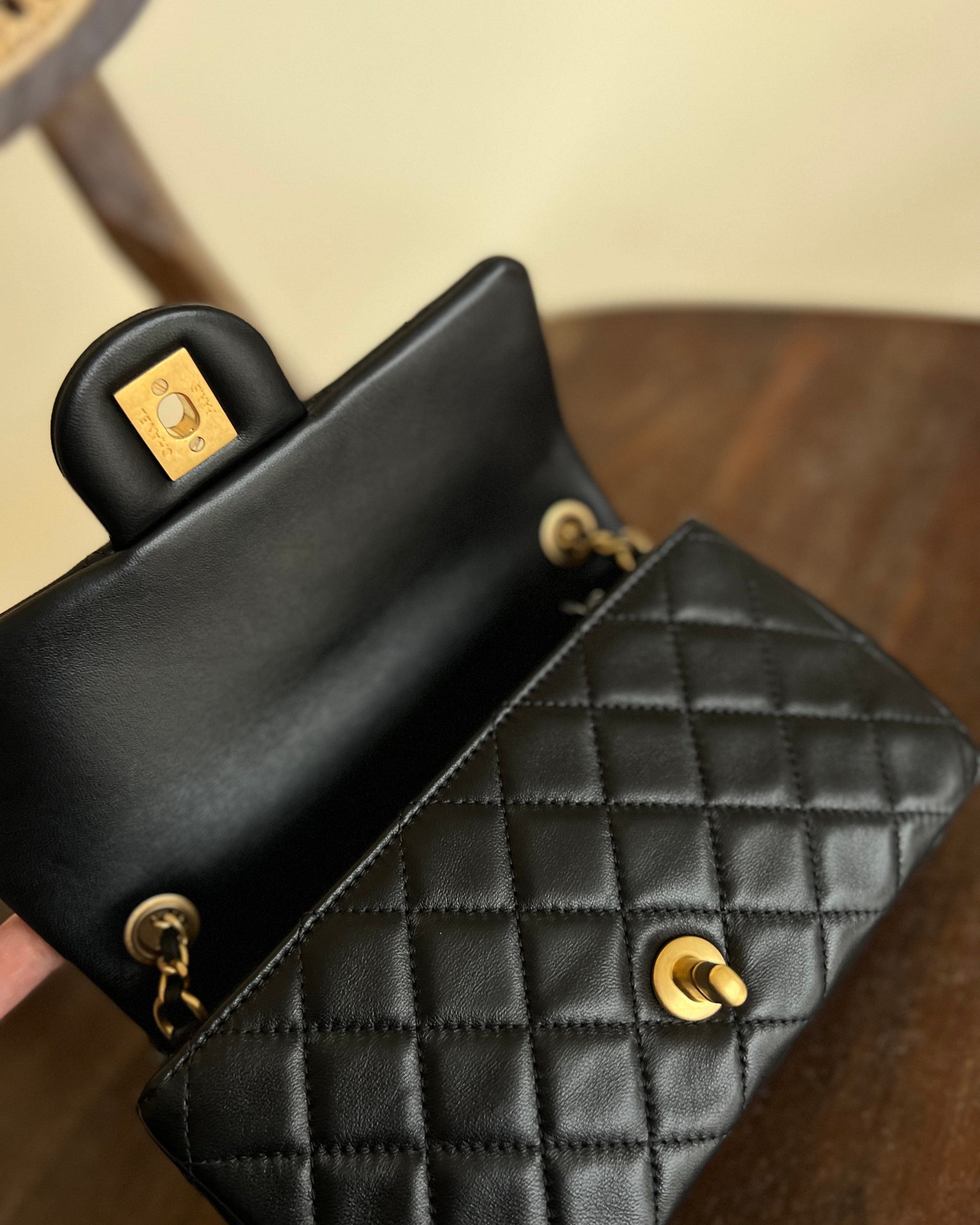CHANEL Handbag Black Lambskin Quilted Mini Rectangular CC Pearl Crush Single Flap AGHW - Redeluxe